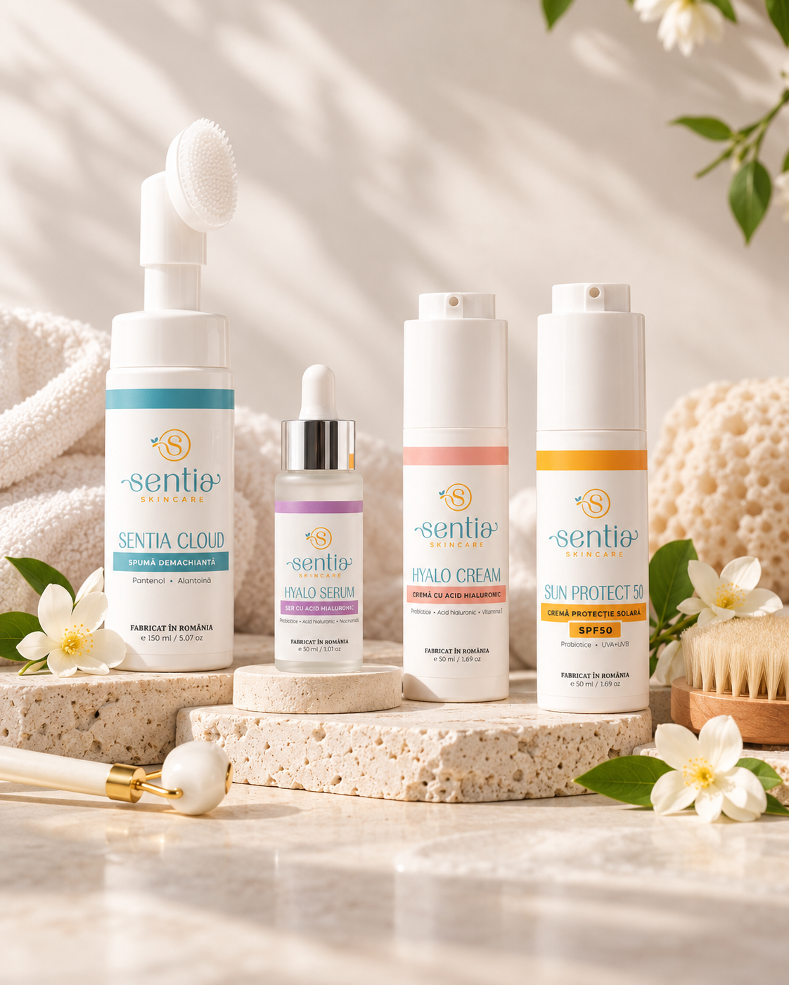 Set Sentia – rutina skincare în 4 pași: Sentia Cloud cu perie, Hyalo Serum, Hyalo Cream și Sun Protect 50